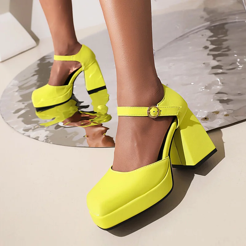 

Women Genuine Leather Ankle Strap Square Toe Sandals Platform Thick Super High Heels Buckle Ladies Shoes Summer Black 2022