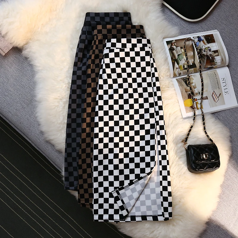 

COIGARSAM Women Skirt Spring 2022 New Vintage Plaid High Waist Ga Color White Gray Skirts Dropshipping