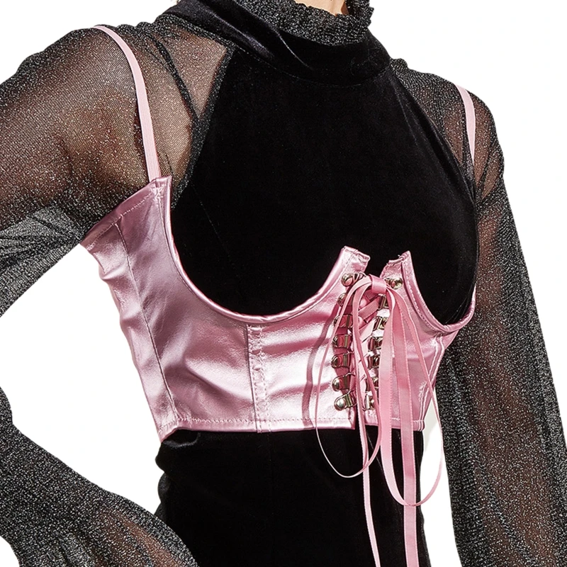 

C6UD Sexy Women Top Corset with Adjustable Belt Woman Solid Color Lift Up Masquerade Party Crop Top Green Pink Slim Wrap Top