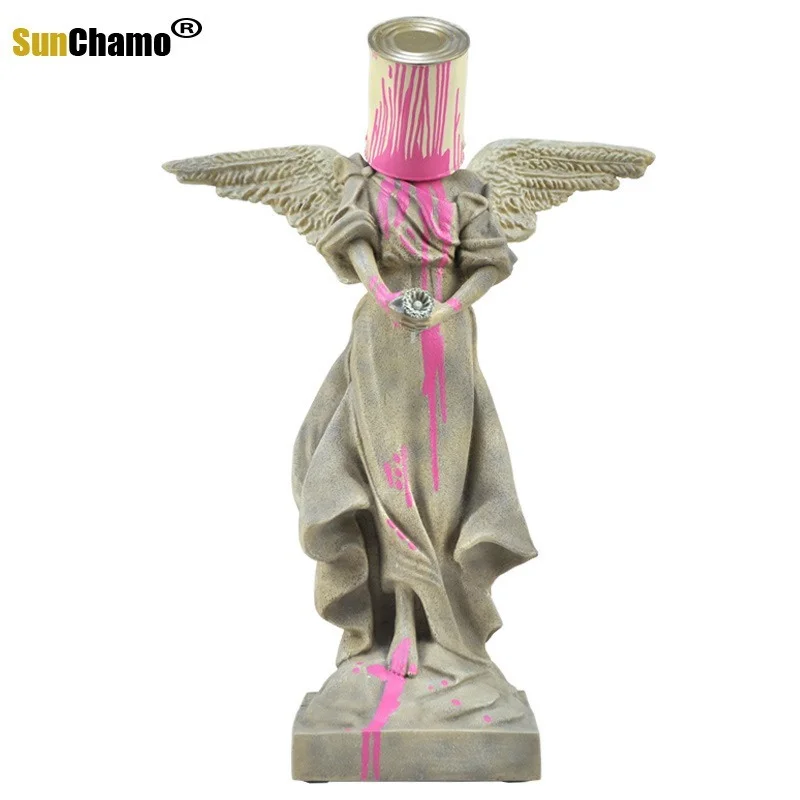 

Banksy Art Sculpture Pour The Paint Iron Bucket Angel Original Street Art Resin Figurine Living Room Home Decor Ornaments Gift