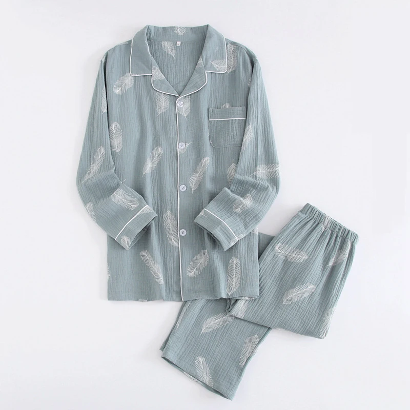 New Autumn Men's Crepe 100% Cotton Gauze Suit Long Sleeves Trousers Mens Pajama Set Men Sleepwear Cartoon Nightwear 2 Piece Set