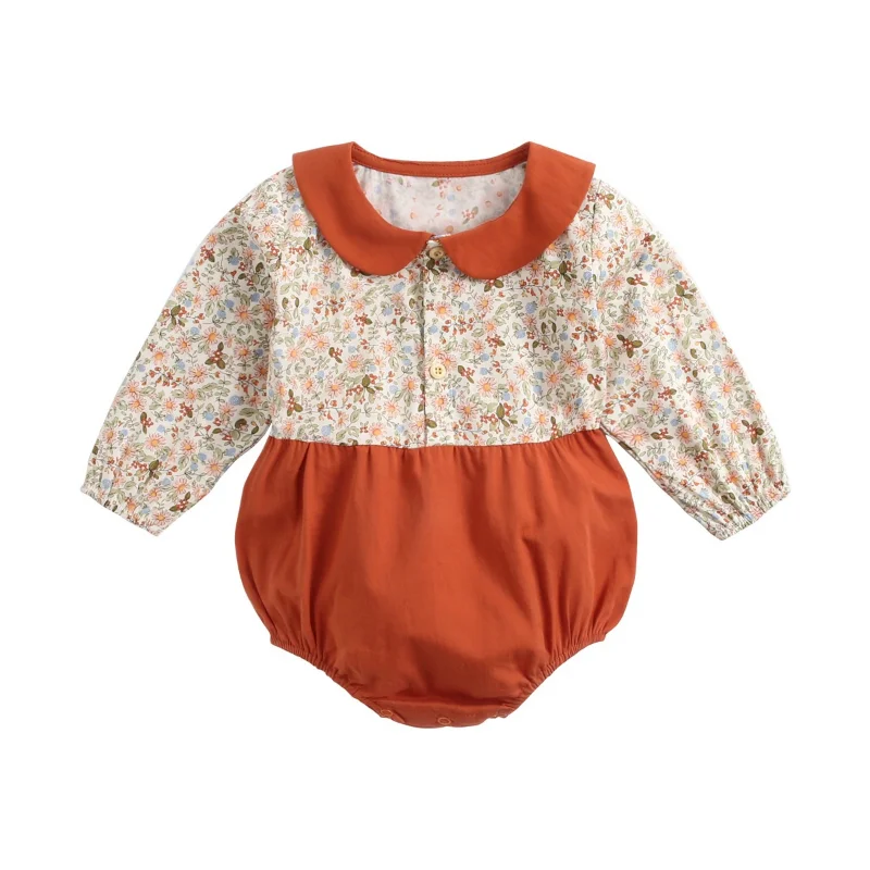 Baby Girl Clothes New Born Baby Items Baby Girl Bodysuit Long Sleeves Spring & Autumn Patchwork Peter Pan Collar Newborn Clothes