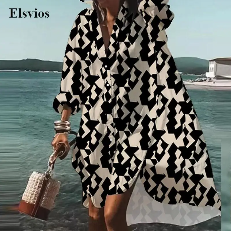 

Женское Повседневное платье-рубашка на пуговицах, свободное пляжное платье в стиле ретро с геометрическим принтом и длинным рукавом, элегантное платье с отложным воротником