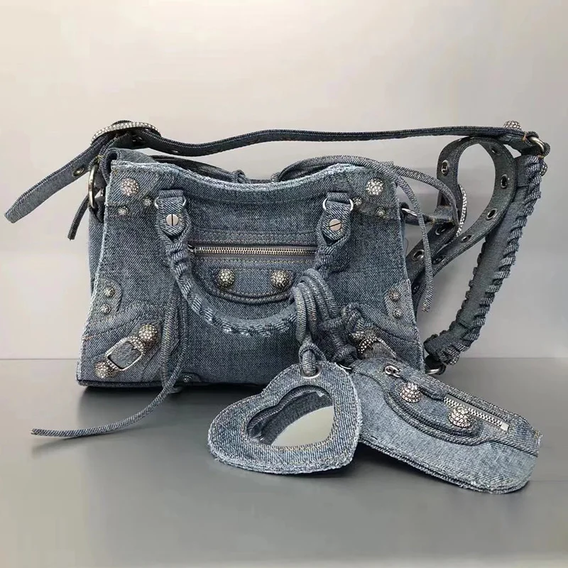 

2022 Luxury Brand Handbags for Women Denim Diamond Riveted Shoulder Messenger Bag Half-moon Locomotive Bag with Mirror and Card