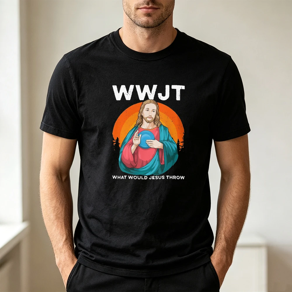 Фото WWJT WHAT WOULD JESUS THROW Мужская футболка с графическим принтом, забавная, с изображением диск-гольфа, христианский юмор, ретро, для активного отдыха, повседневная, осенняя, с коротким рукавом. №1