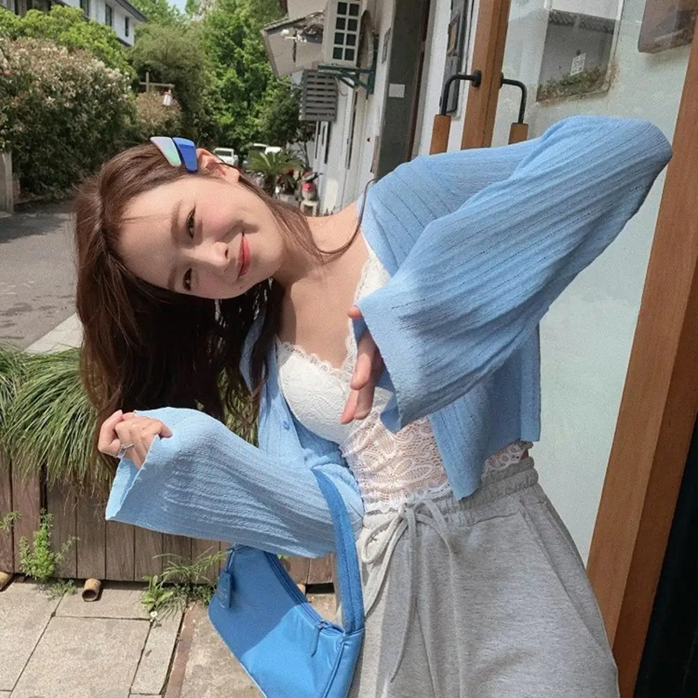 

Women Long Flare Sleeve Buttons Solid Color Anti Sun Thin Short Cardigan Coat