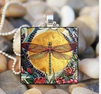 new color painted owl blue dragonfly insect glass square pendant necklace jewelry retro jewelry
