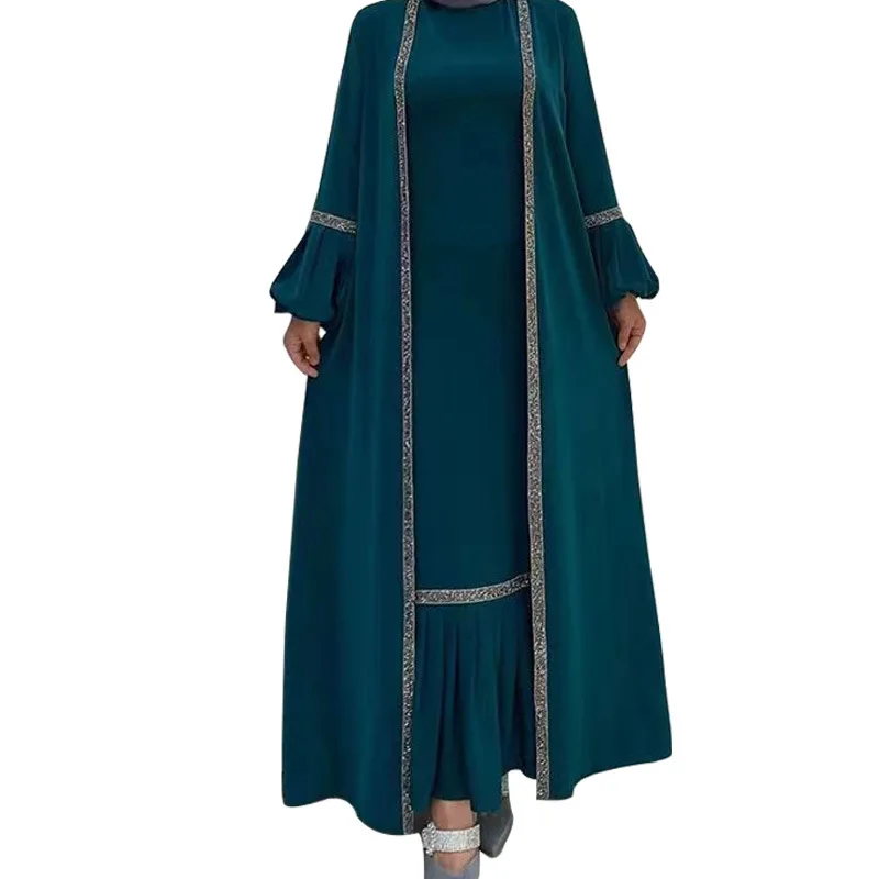 

2023 New Middle East Muslim Dress Set Long Sleeves Coat Sequins Patchwork Cardigan and Dress Pleats Bottom Party Gowns