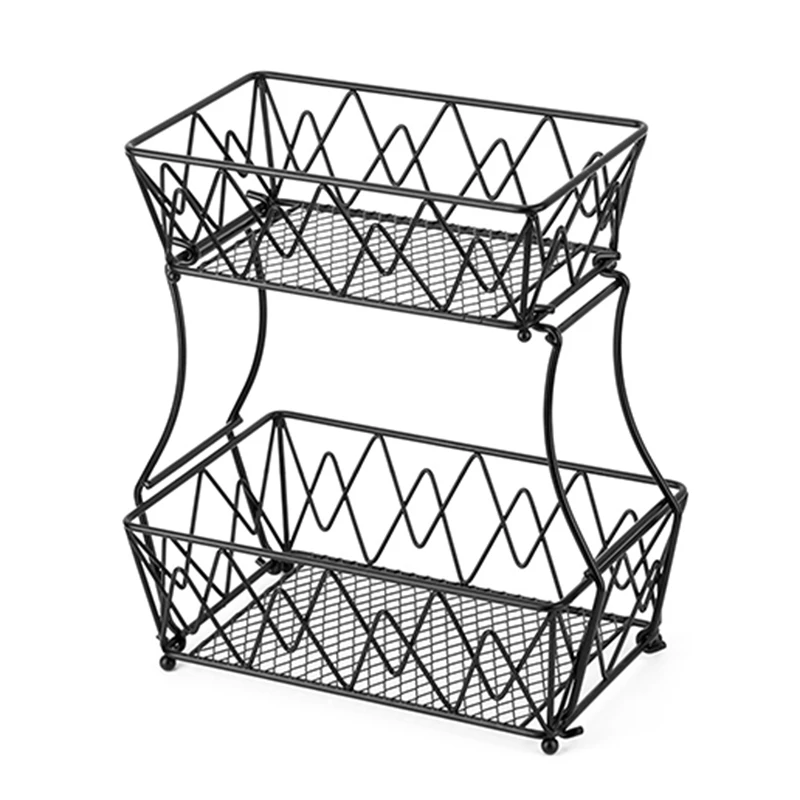 

2 Tier Fruit Basket Detachable Bread Display Stand Storage Holder Kitchen Vegetable Drain Rack Wrought Iron Fruit Basket