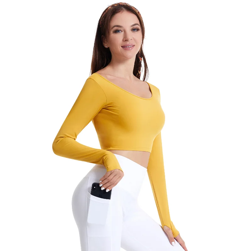 Women's Solid Color Open Back Long Sleeve Yoga Clothes Trendy Navel Cropped Track Tops Running Aerobics Fitness Sportswear New