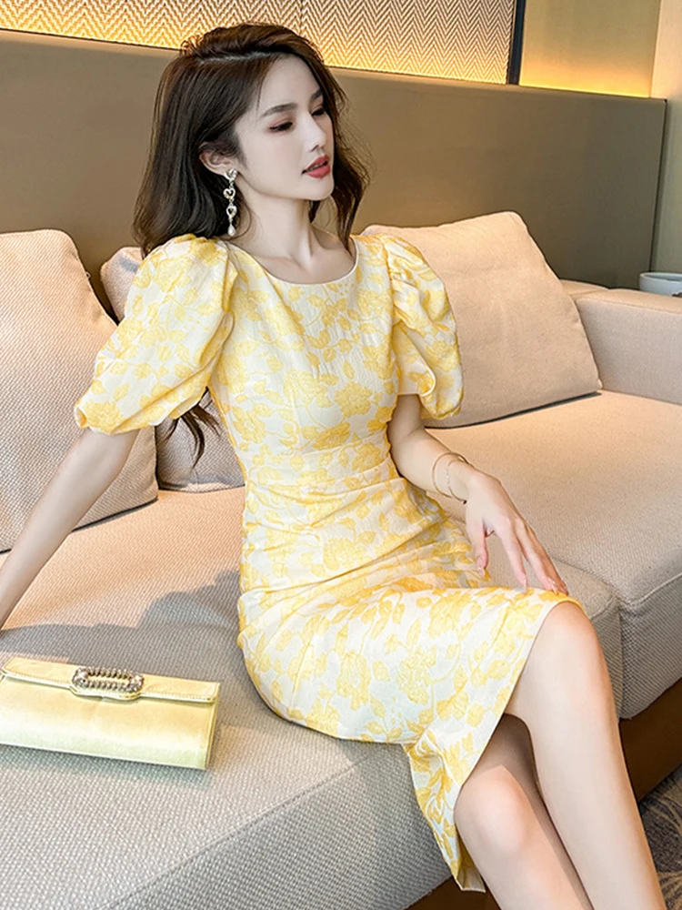 Летнее вечернее платье женское элегантное шикарное милое желтое Цветочное с