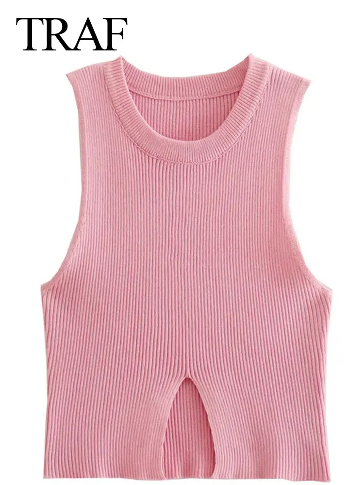 

TRAF High Street Fashion Trend Round Neck Hem Slit Women's Tank Top Solid Color Elegant Knit Comfort Short Ladies Tank Top