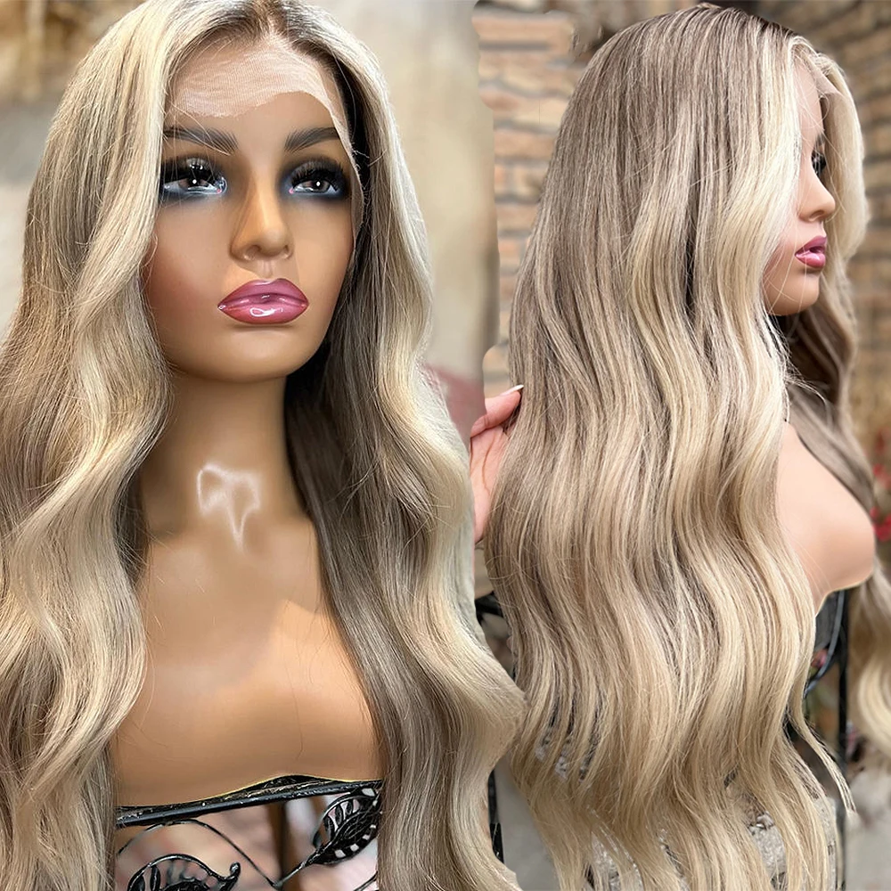 Highlight Blonde Lace Front Wigs 13x6 Human Hair Brown Roots loose body Wavy 360 Lace Frontal Wig HD transparent full Lace wigs