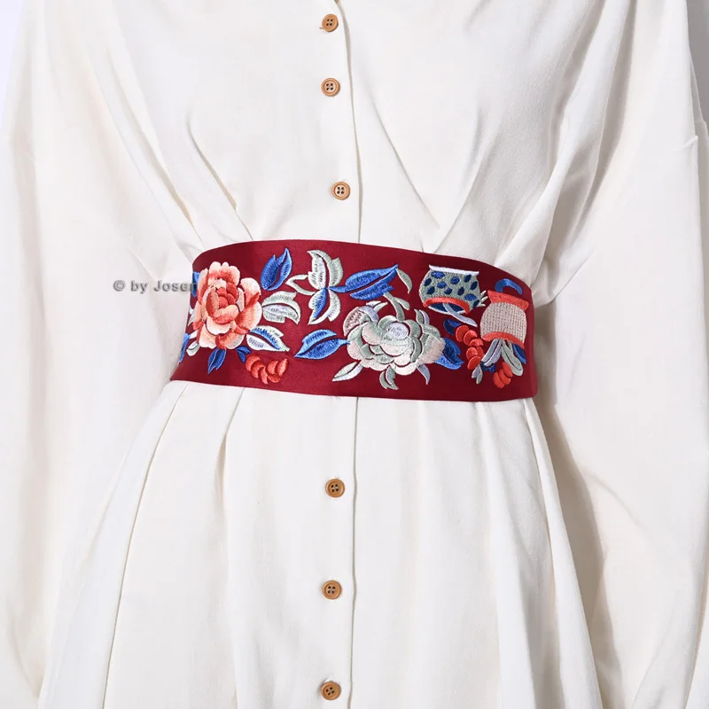 Chinese Style Women's Elastic Waistband Waist Seal Flower Embroidery Satin Retro Modified Hanfu Women With Dresses Jacket Decor