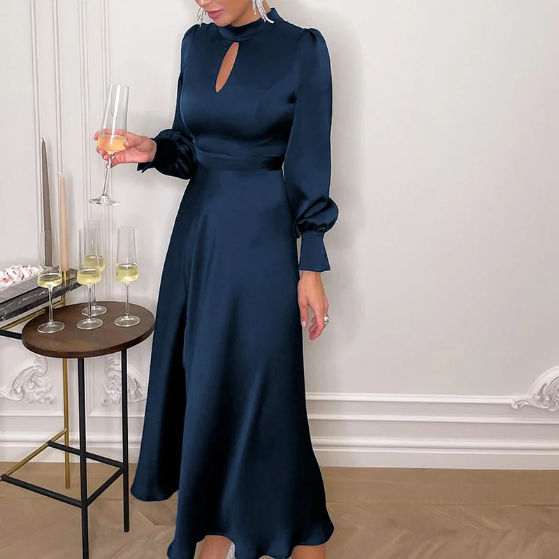 

2022 Spring New Style Temperament Satin Imitation Silk Waist Dress Pure Color Slit High Waist Long Skirt Hollow Elegant Dress