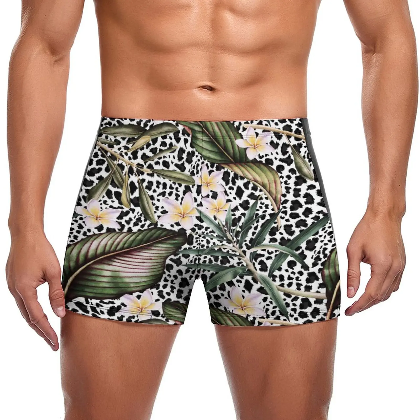 

Palm Leaves Swimming Trunks Black Leopard Floral Print Beach Trending Swim Shorts Elastic Large Size Men Swimsuit