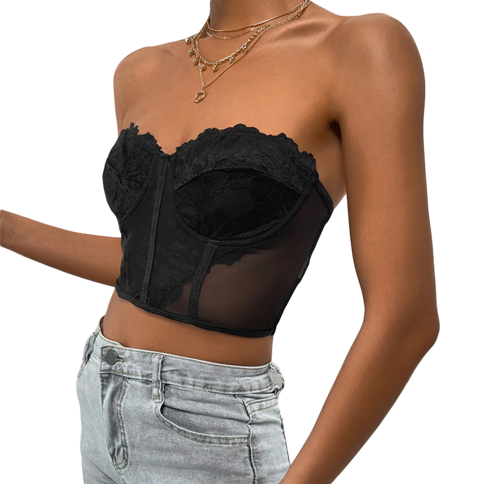 Женский Короткий кружевной топ-бандо без бретелек с цветочным кружевом летний