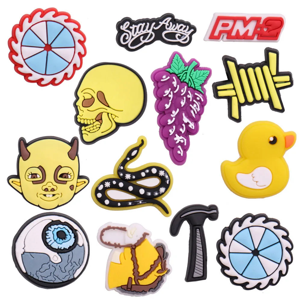 

1-13PCS PVC Croc Charms Skull Grapes Snake Duck Eyeball Hammer Ghost Stay Away Croc Jibz Buckle Fit Wristbands Shoe Decoration