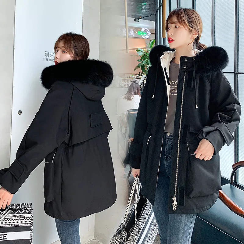 Winter Jackets Women Parkas 2022 New Snowsuit Fashion Long Sleeves Loose Hooded Korean Coats Solid Fur Collar Female Clothing