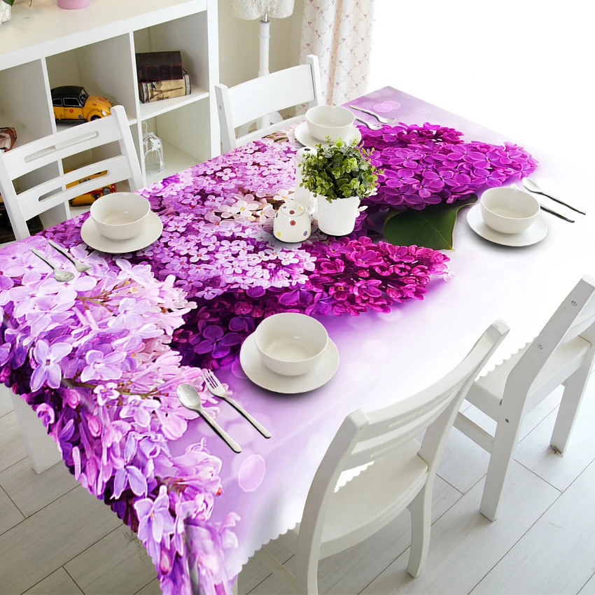 

European Round 3D Tablecloth Purple Lavender Flowers Pattern Washable Polyester Cloth Rectangular Table Cover Wedding Decoration