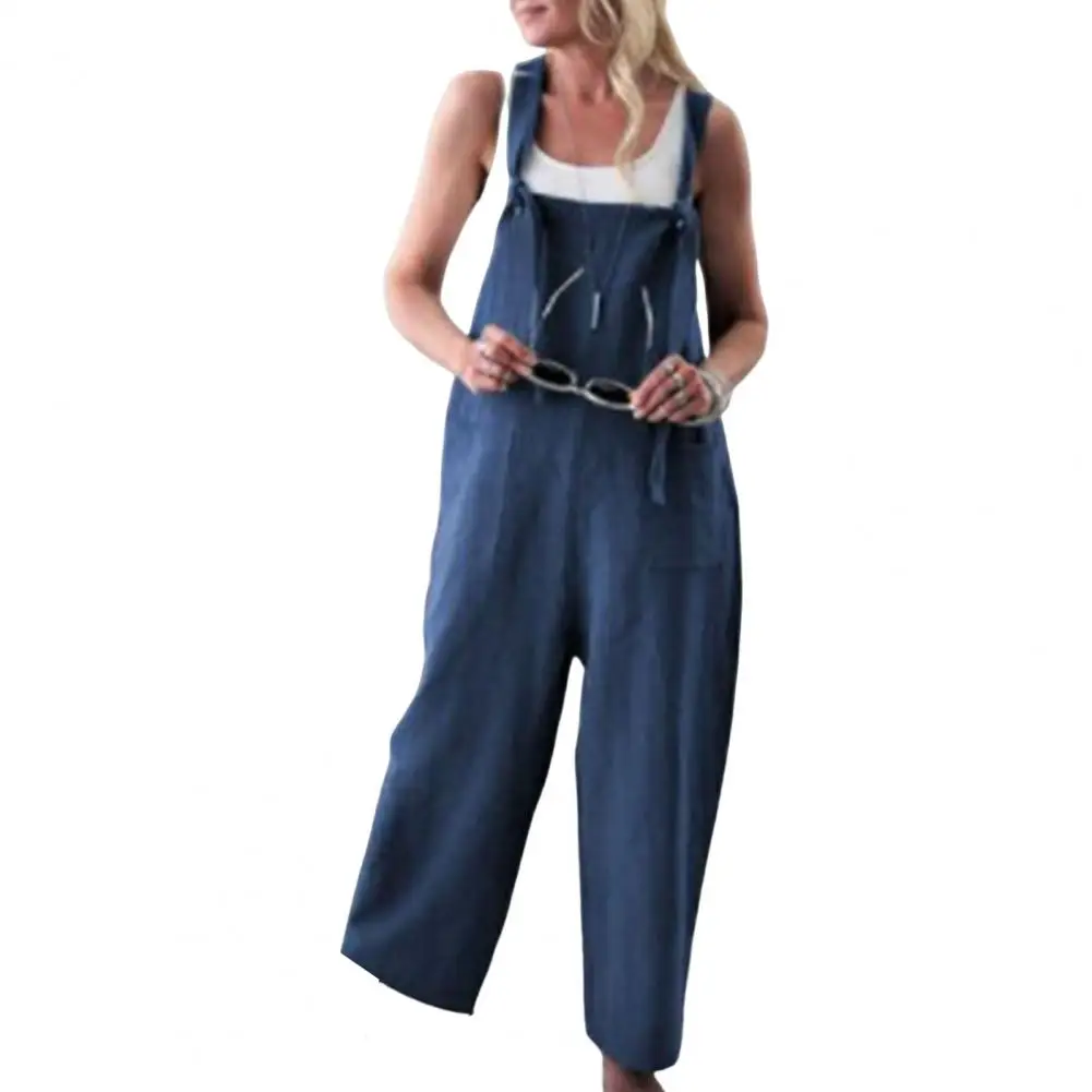 

Rompers Women Wide Shoulder Straps Sleeveless Pockets High Waist Women Jumpsuit Backless Casual Solid Color Wide Leg Playsuit