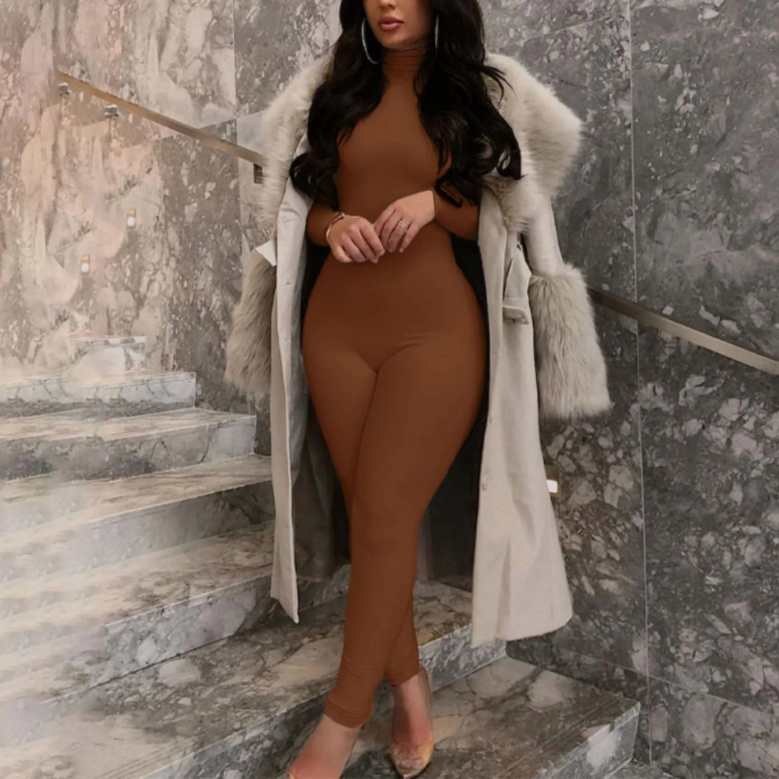 

Turtleneck Long Sleeve Solid Skinny Bodycon Jumpsuit Autumn Winter Women Fashion Streetwear Casual Romper Velvet One Piece Yo-ga