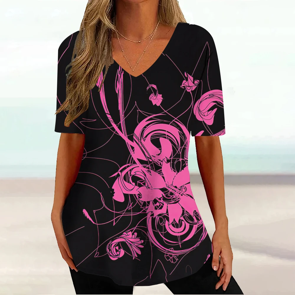 

Women's V-neck T-shirt Loose Casual Tops Womens Silhouette Print Short Sleeve Female Harajuku Clothes Oversized Comfortable Tees