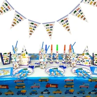 construction trucks engineering cars party disposable tableware set plate straw birthday party decorations cake decor