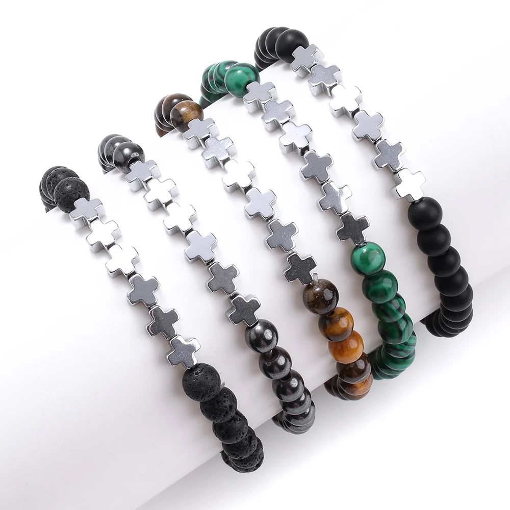 Браслет из натурального камня сплав крест Подвески 6 мм малахит лава гематит