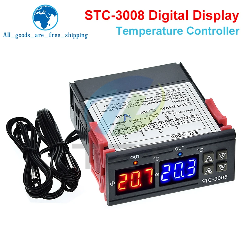 

Dual Digital STC-3008 Temperature Controller Two Relay Output Thermostat Heater with Probe 12V 24V 220V Home Fridge Cool Heat