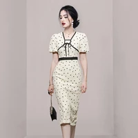 womens summer new high end temperament square neck bow contrast color piping lantern sleeve slim fitting splicing fashion dress