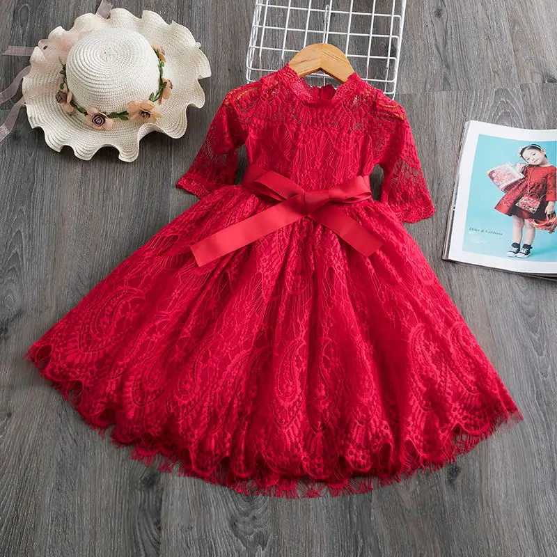

Girls Spring Dress Red Ceremony Dress Girls New Year Costume Lace Wedding Dress for Girls Elegant Party Gown Frocks Dresses
