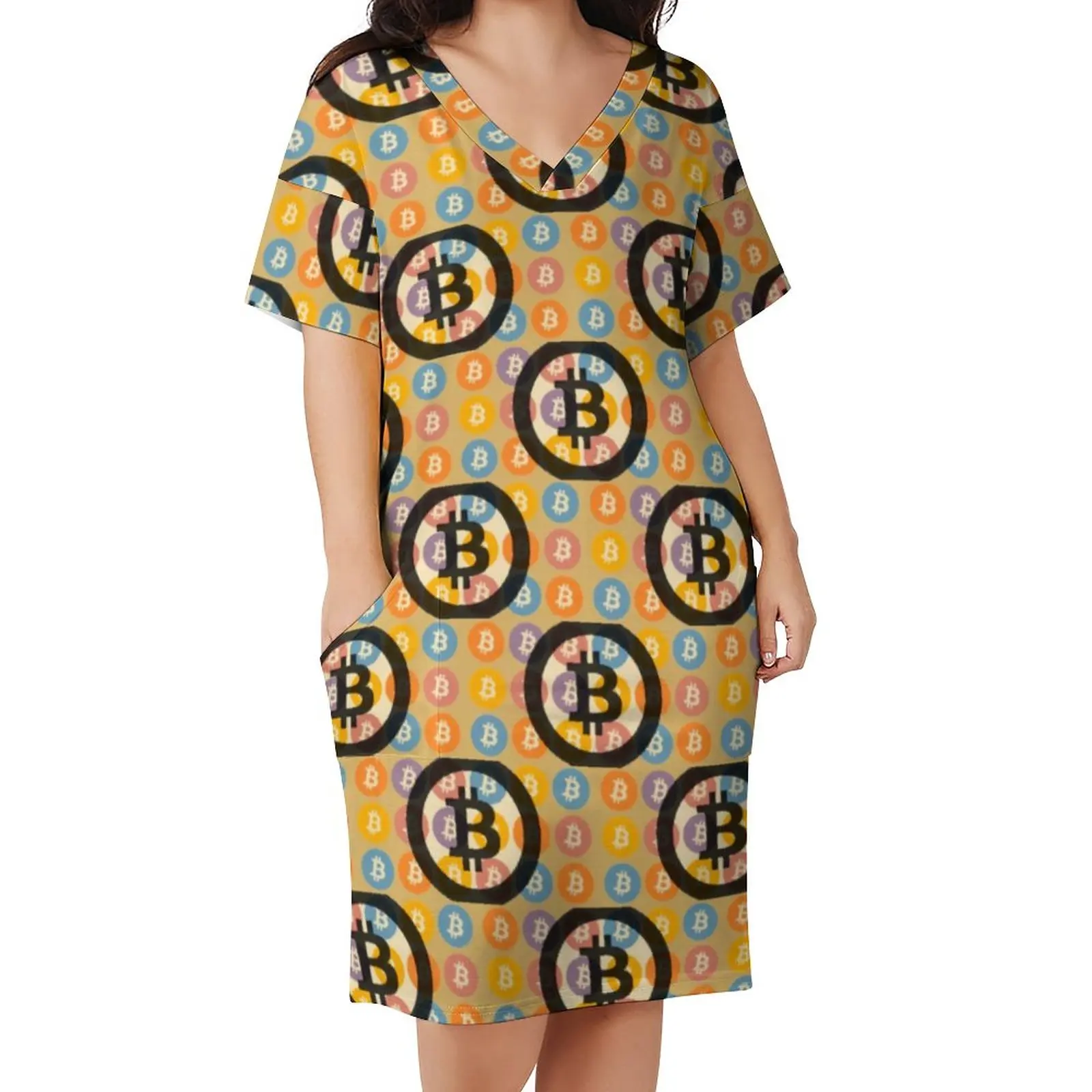 Black Bitcoin Casual Dress Spring Retro Coin Print Elegant Dresses Women Short Sleeve Pattern Aesthetic Dress Plus Size 4XL 5XL