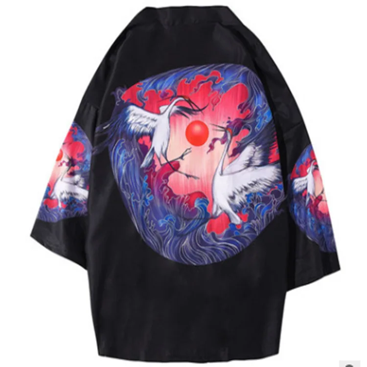 Chinese Print Crane Couple Kimono Robe Casual 3/4 Sleeve Rayon Cardigan Summer New Underwear Couple Home Bathrobe Coat
