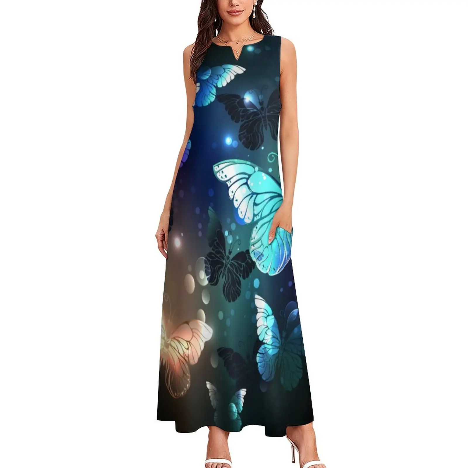 

Night Butterfly Dress Fluttering Animal Print Elegant Maxi Dress Street Wear Boho Beach Long Dresses V Neck Oversized Vestido