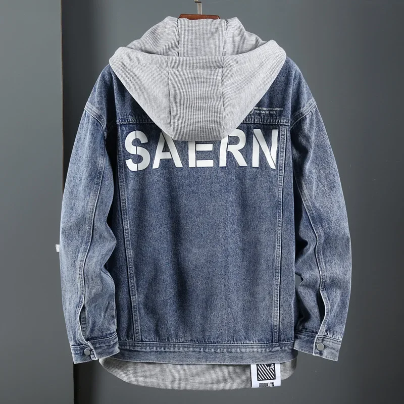 Джинсовая куртка с капюшоном для мужчин свободная клетчатая двухсекционная