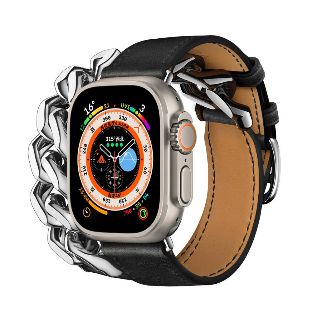 Logo Genuine Leather Loop For iWatch Ultra 49mm 8 7 41mm 45mm Gourmette Double Tour Strap For Apple Watch Band 44mm 42mm 38 40mm