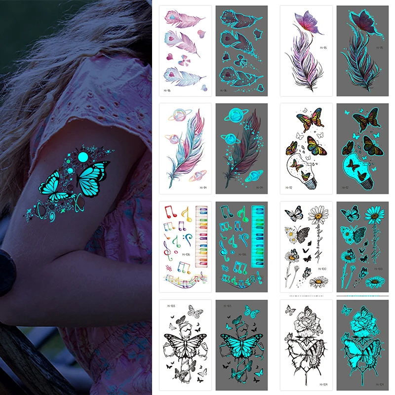 

Luminous Tattoo Stickers for Women Arm Face Glowing Tattoos Body Art Tattoos Snake Butterfly Electric Syllable Party Tattoo