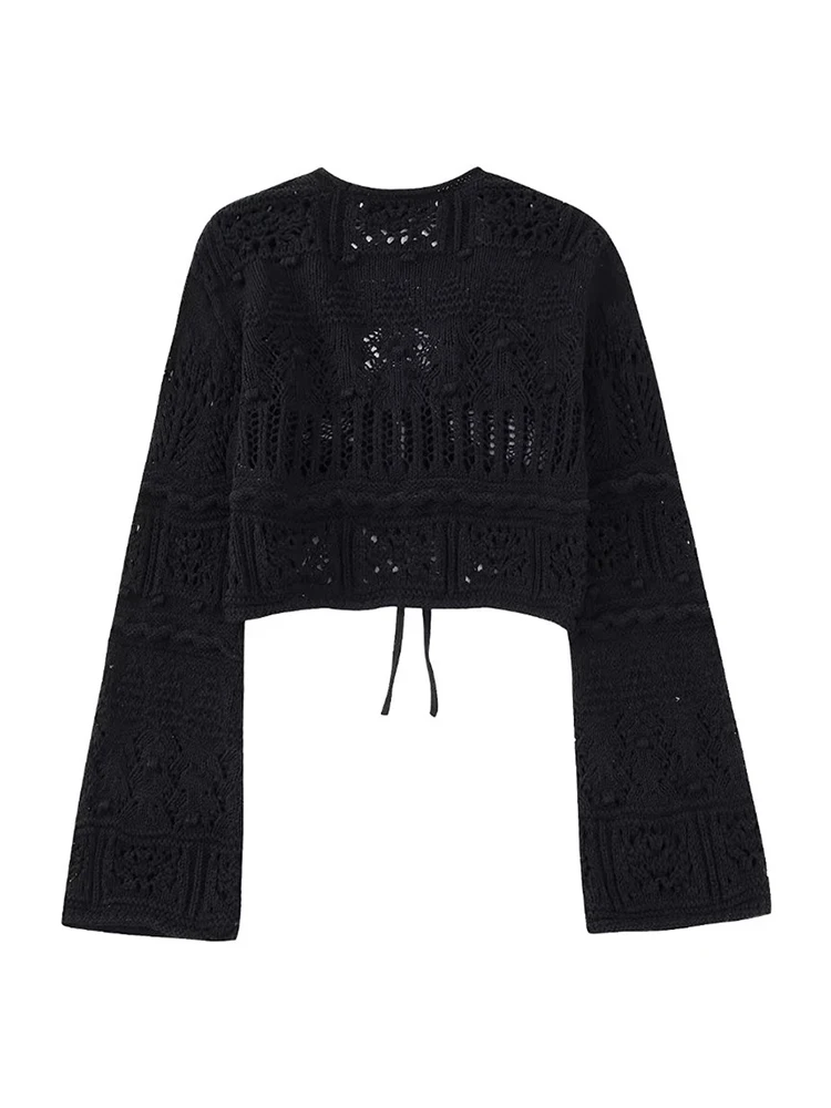 

Ladies 2023 Sumemr Fashion Hollow Out Knitted Black Short Sweaters Womens Casual High Waist Lace Up V-Neck Elastic Tops Outwear