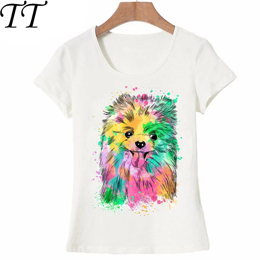 

2021 New Arrival summer Women T-Shirt colorful Pomeranian art T-Shirt lovely girl Tops fashion ladies casual Tee