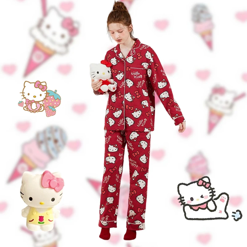 

2023 милый пижамный комплект Hello Kitty красного цвета Kawaii Sanrio мультфильм аниме спальня брюки с длинными рукавами ночная рубашка для девочек Игру...