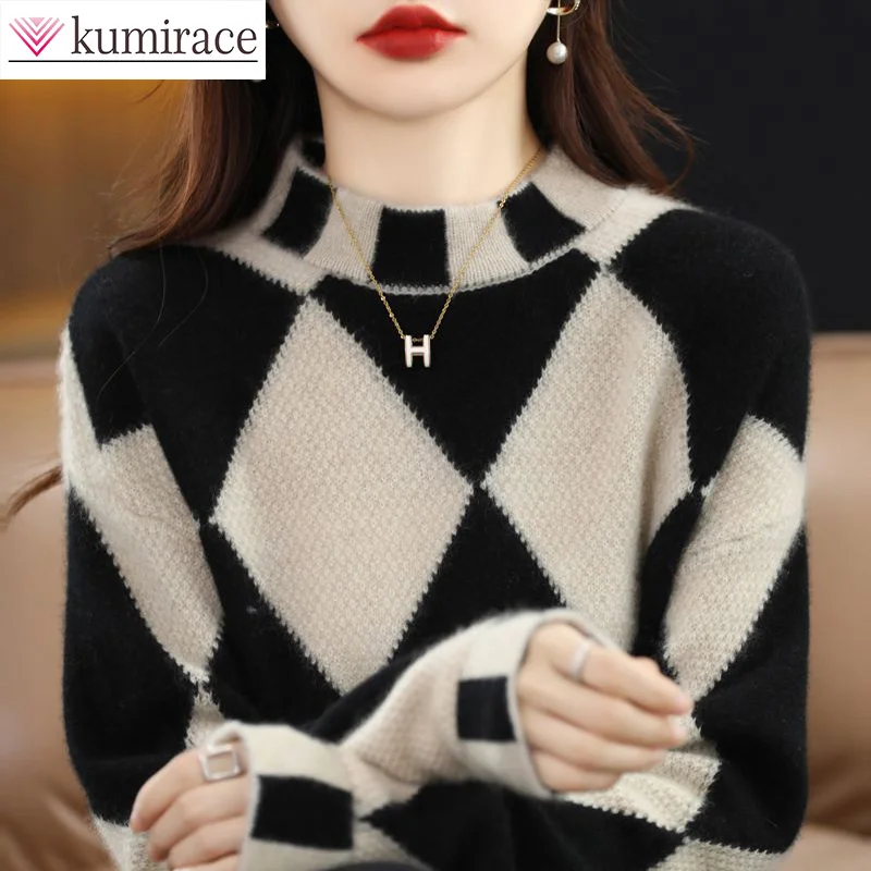 

Advanced Contrast Diamond Checked Autumn/Winter Knitwear Women's Half High Neck Sweater Women's Bottom Top Winter Clothes Women