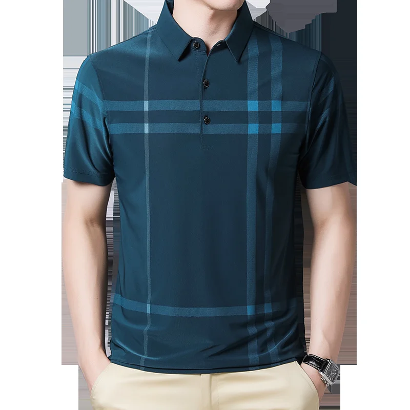 

Business Polo Sirt Men Summer New Casual Loose Breatable Anti-wrinkle Sort Sleeved Plaid Men Polo Sirt Men Tops