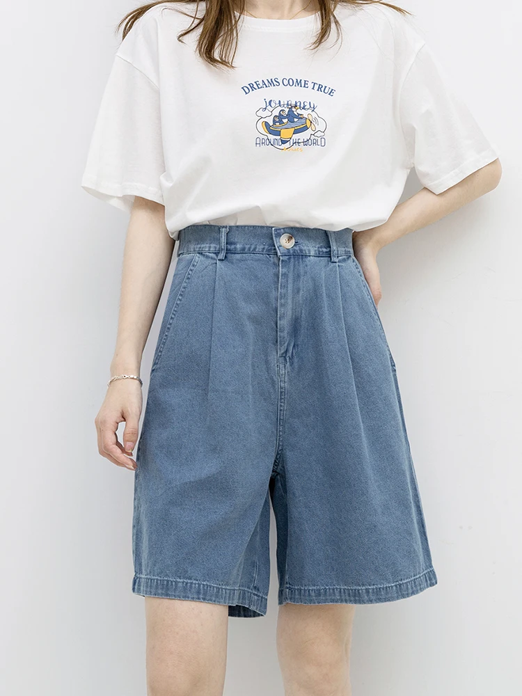 New Women Vintage High Waist Loose Blue Denim Shorts Spring Summer Female Button Straight Jeans Shorts Bottoms