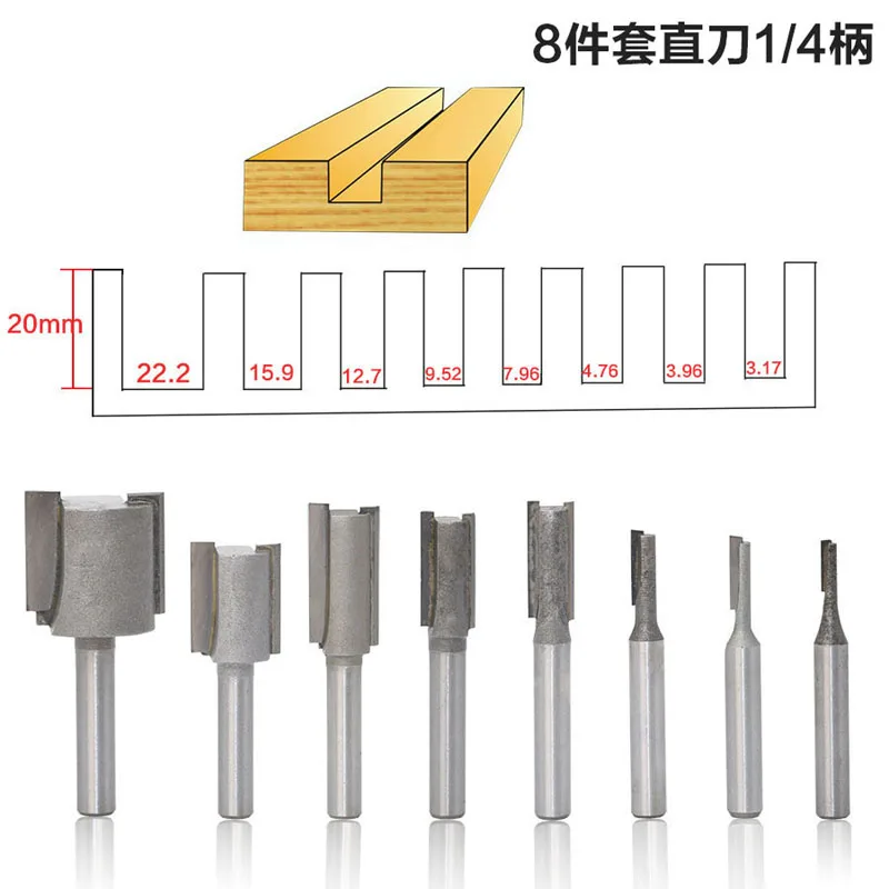

Woodworking Milling Cutter 8 Pieces Straight Cutter 1/4 Handle Slotting Cutter Double Edge Straight Cutter Cutter Head Slotting