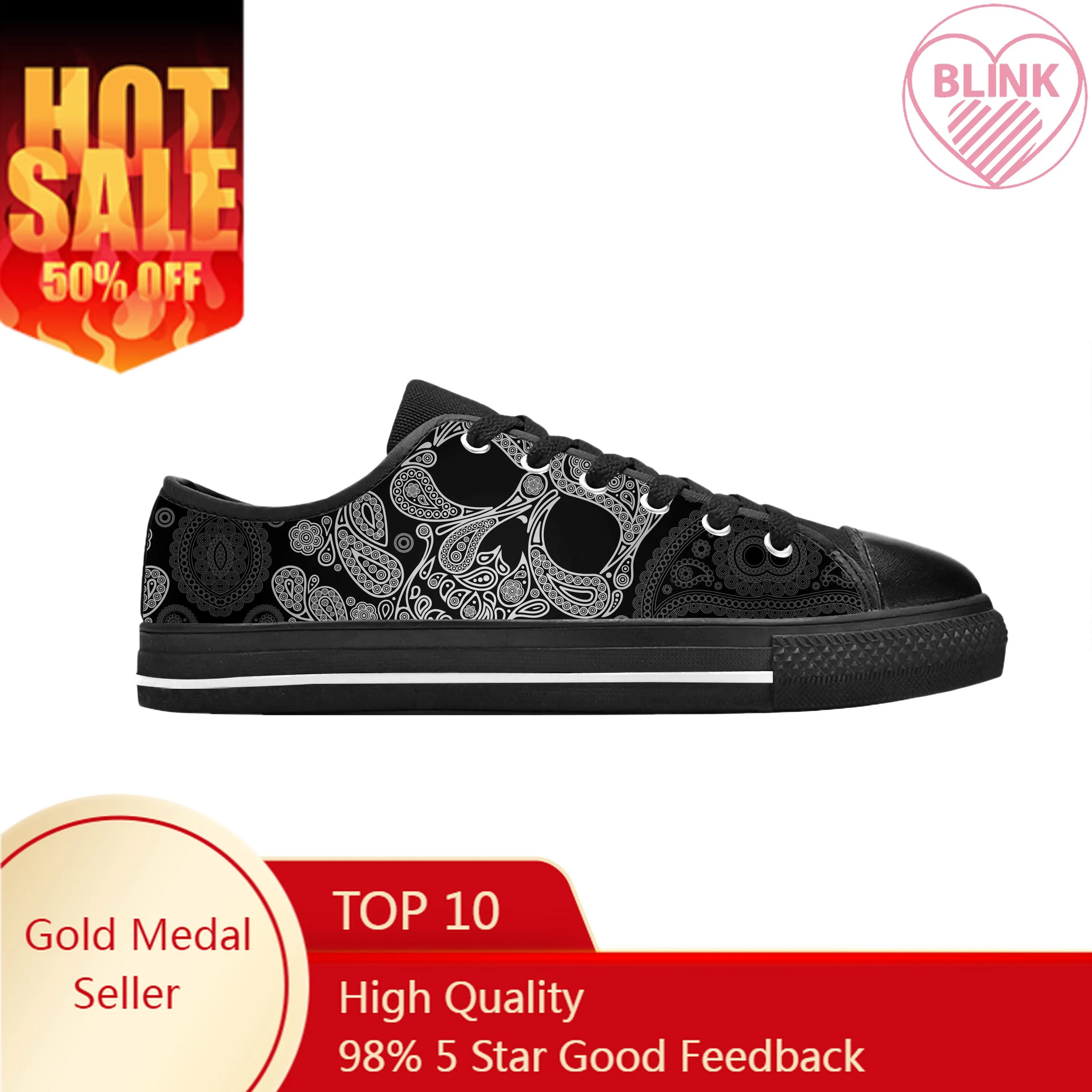 

Sugar Skull Paisley Skeleton Goth Gothic Horror Casual Cloth Shoes Low Top Comfortable Breathable 3D Print Men Women Sneakers