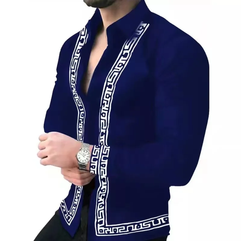 Spring men's luxury social shirt lapel button shirt patchwork printed long-sleeved cardigan shirt club prom men's street top