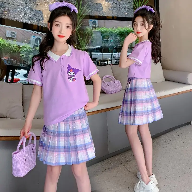 

Sanrio Kuromi плиссированная юбка с коротким рукавом Y2K аниме кавайный костюм с коротким рукавом Jk милый женский мультяшный студенческий летний комплект из 2 предметов подарки
