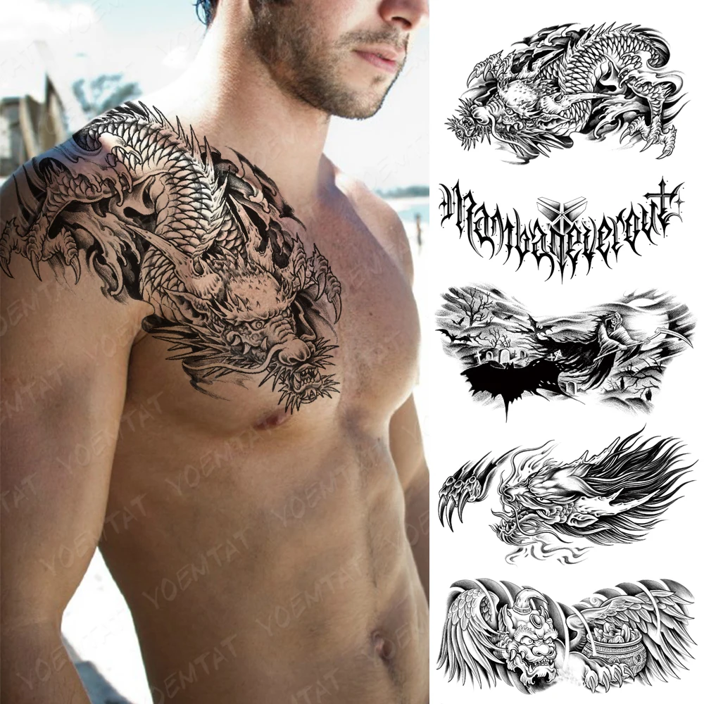 

Black Dragon Spray Large Chest Tattoo For Men Old School Waterproof Temporary Tattoo Sticker Waist Art Designs Women Fake Tatoo