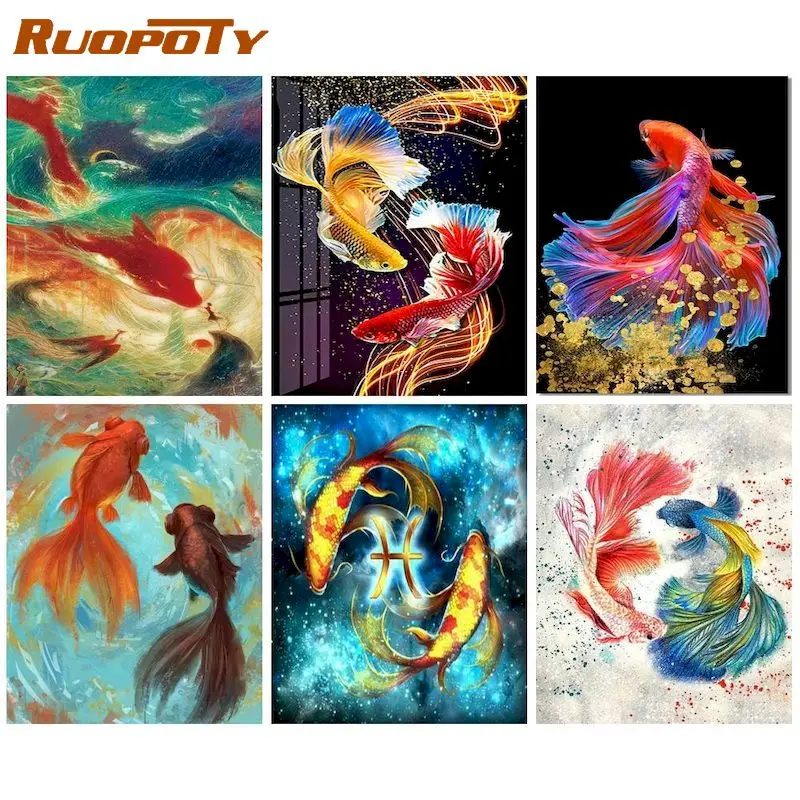 

RUOPOTY DIY Oil Painting By Numbers Kits Goldfish 60x75cm Acrylic Paint By Numbers Animals Frameless Number Painting On Canvas